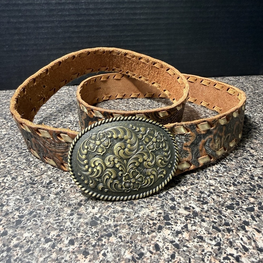 Fossil Men's Western Leather Belt‎ Floral Engraved Buckle Brown Size Medium
